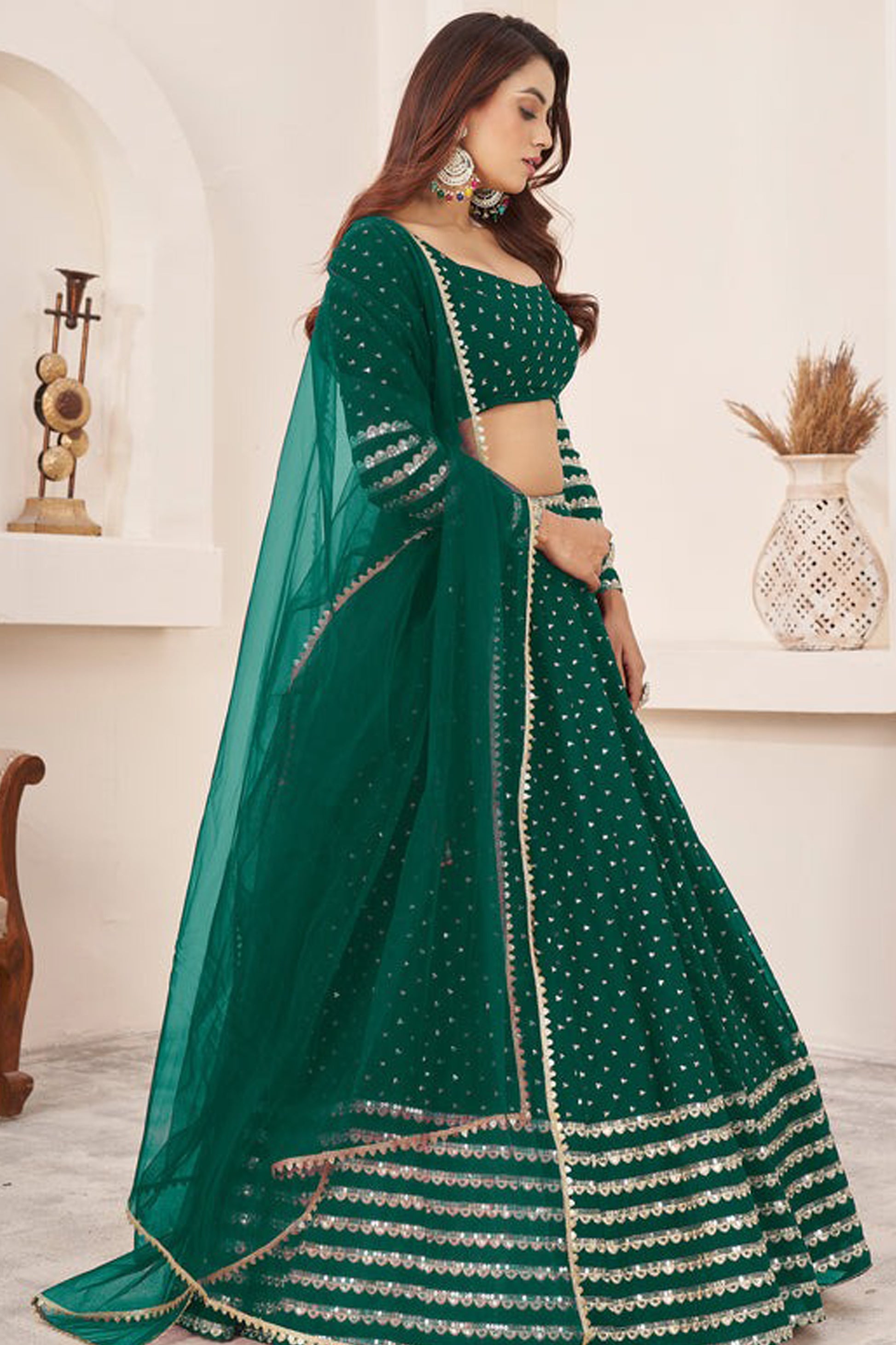 Reception outfit ghagra chaniya choli flowing silhouette view