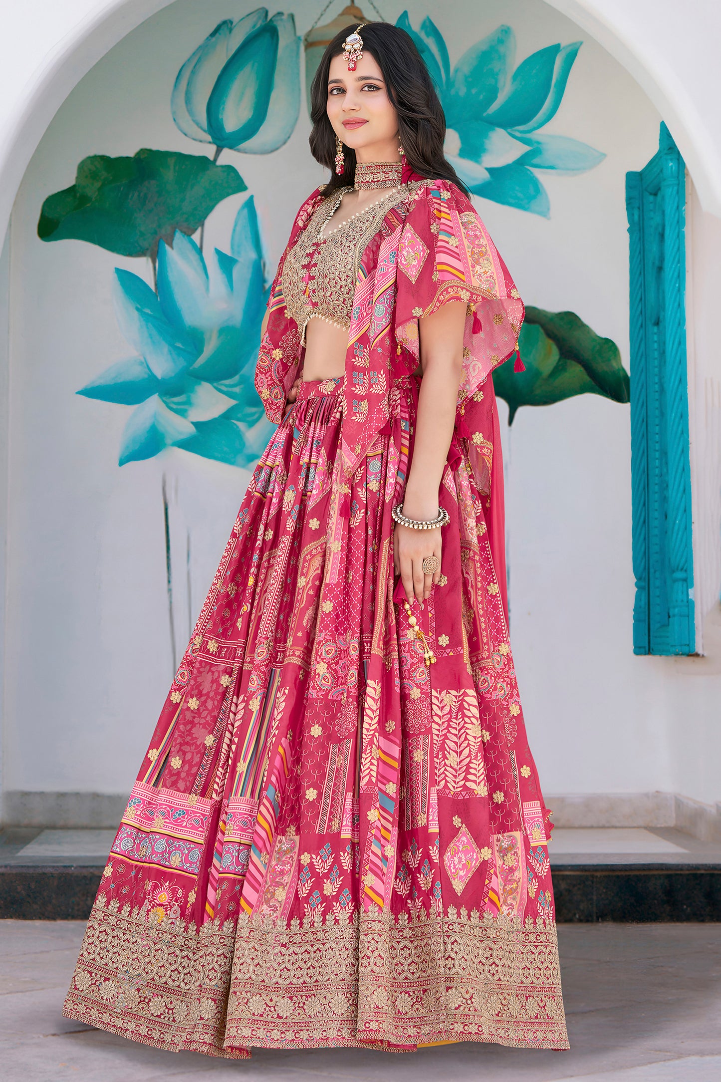 Girls ethnic lehenga choli set in Chinnon silk fabric