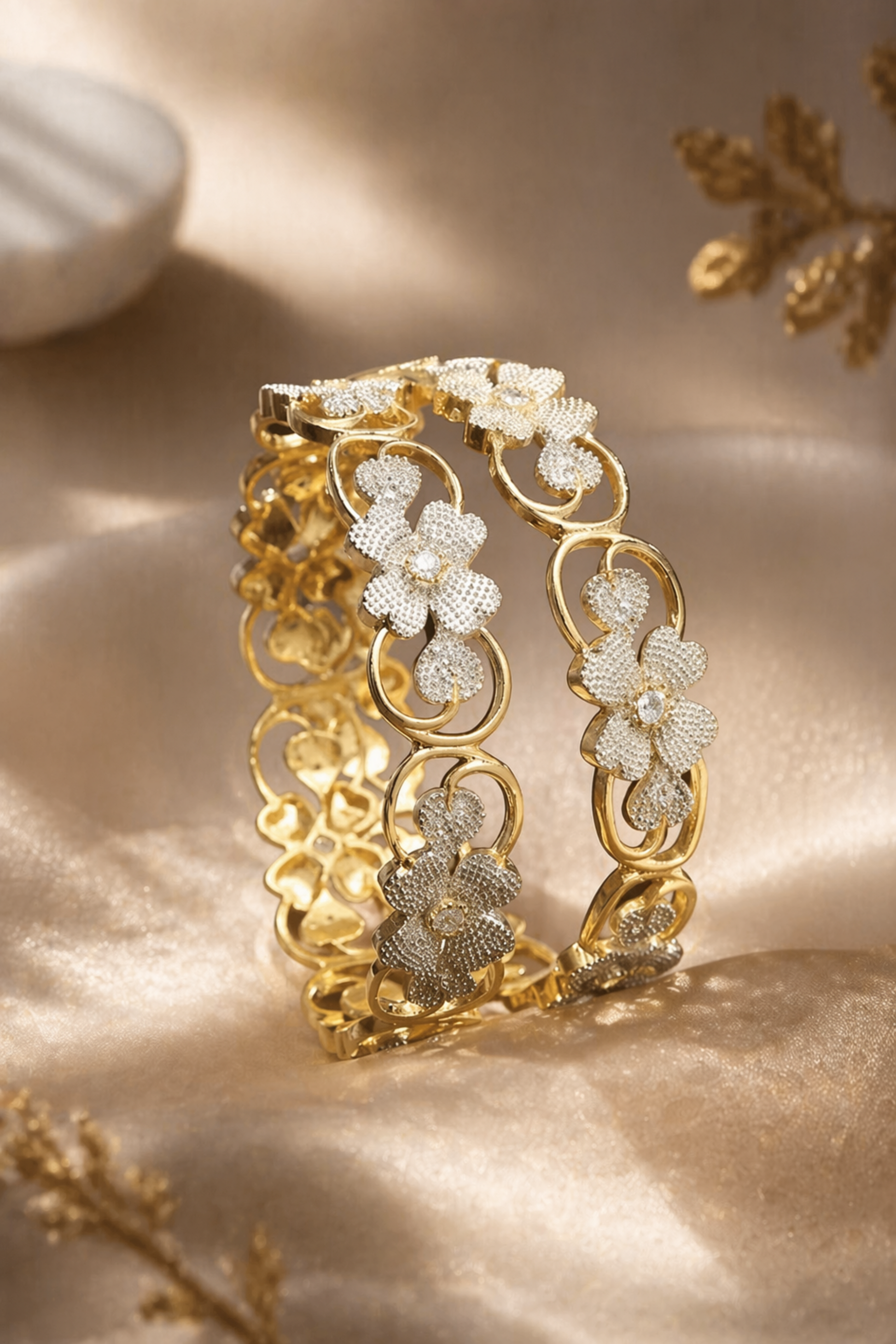 close-up of patterned gold bracelet with polished finish