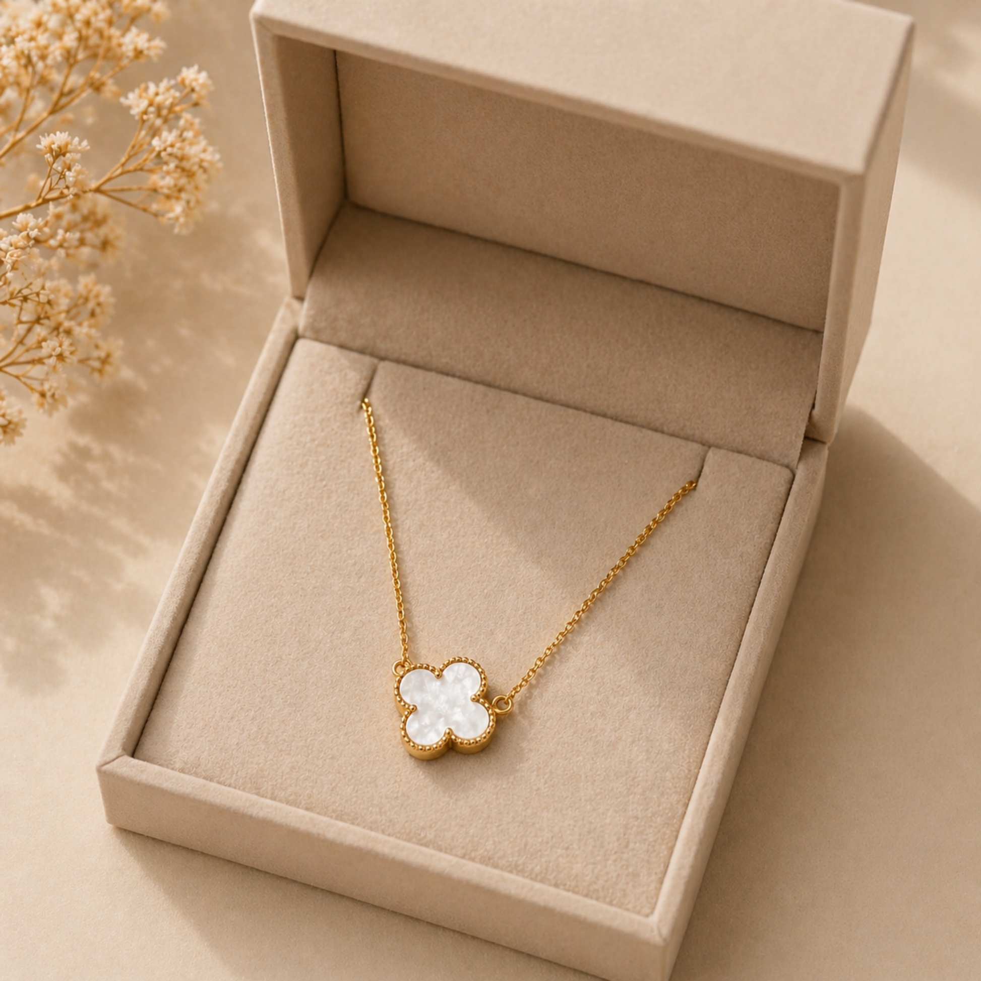 close up of mother of pearl clover pendant