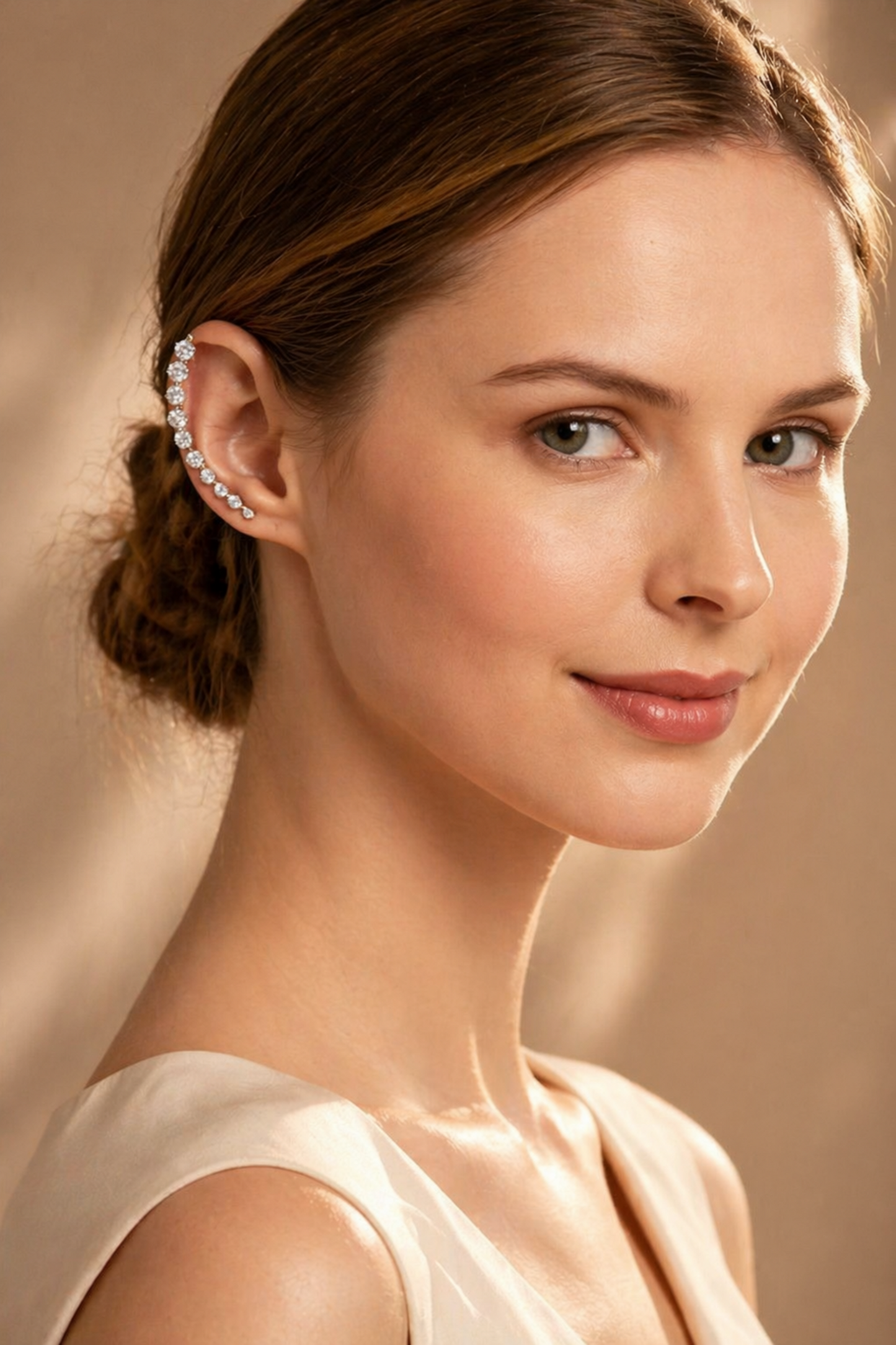 gold ear climber earrings on model
