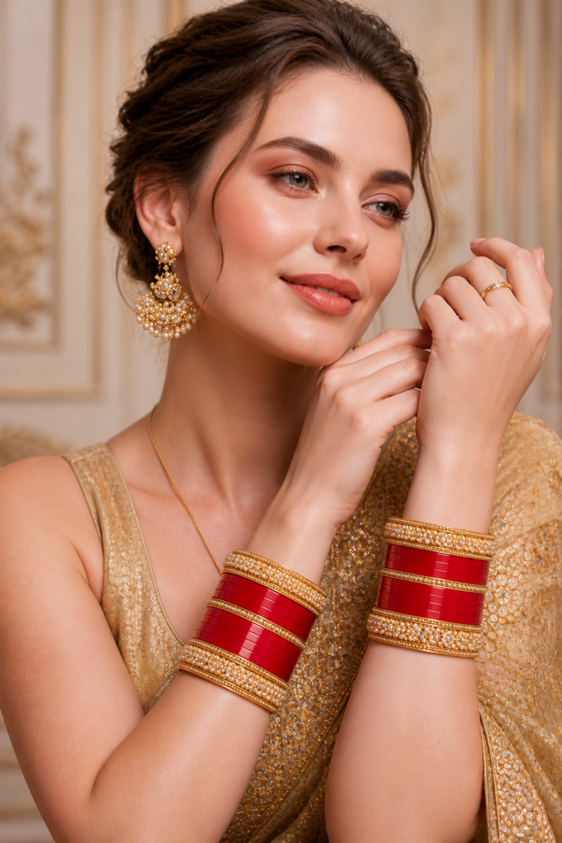 close-up of textured bangles with bead clusters and stones
