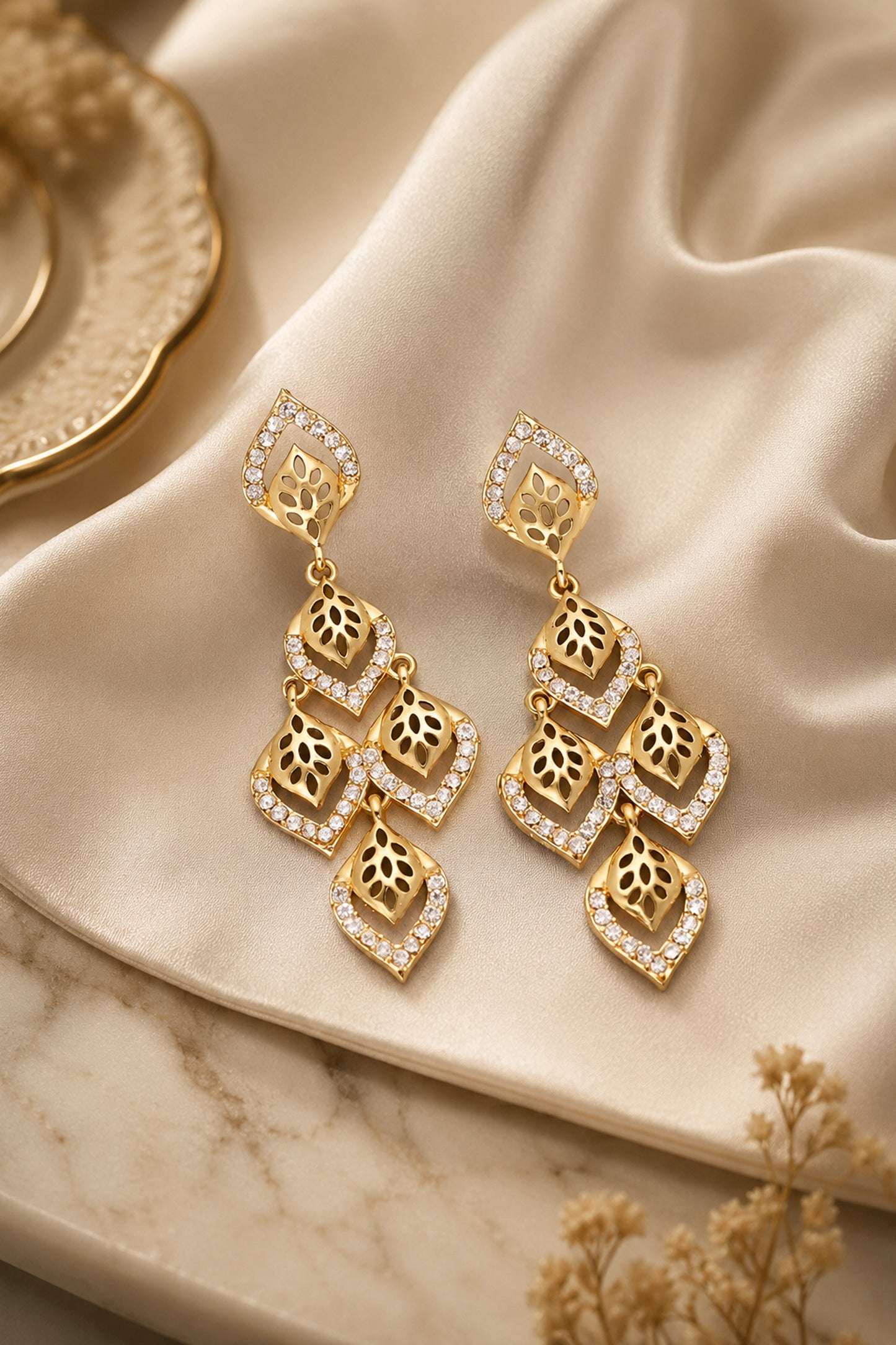 Gold Drop Earrings with layered leaf-inspired design