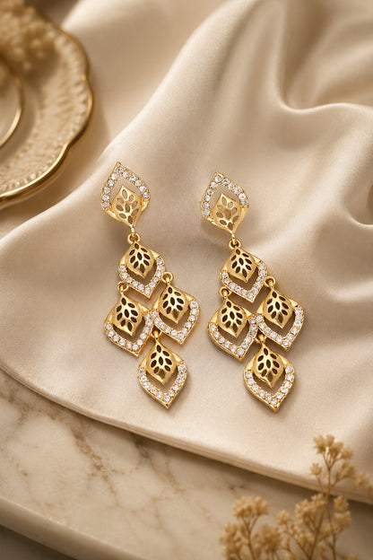 Gold Drop Earrings with layered leaf-inspired design