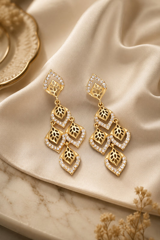 Gold Drop Earrings with layered leaf-inspired design