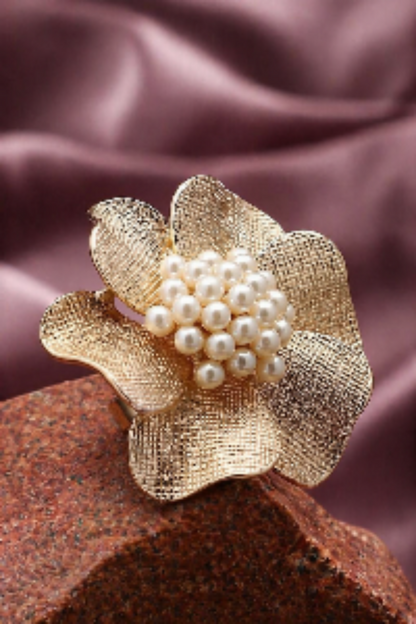 textured gold petal ring with pearl cluster
