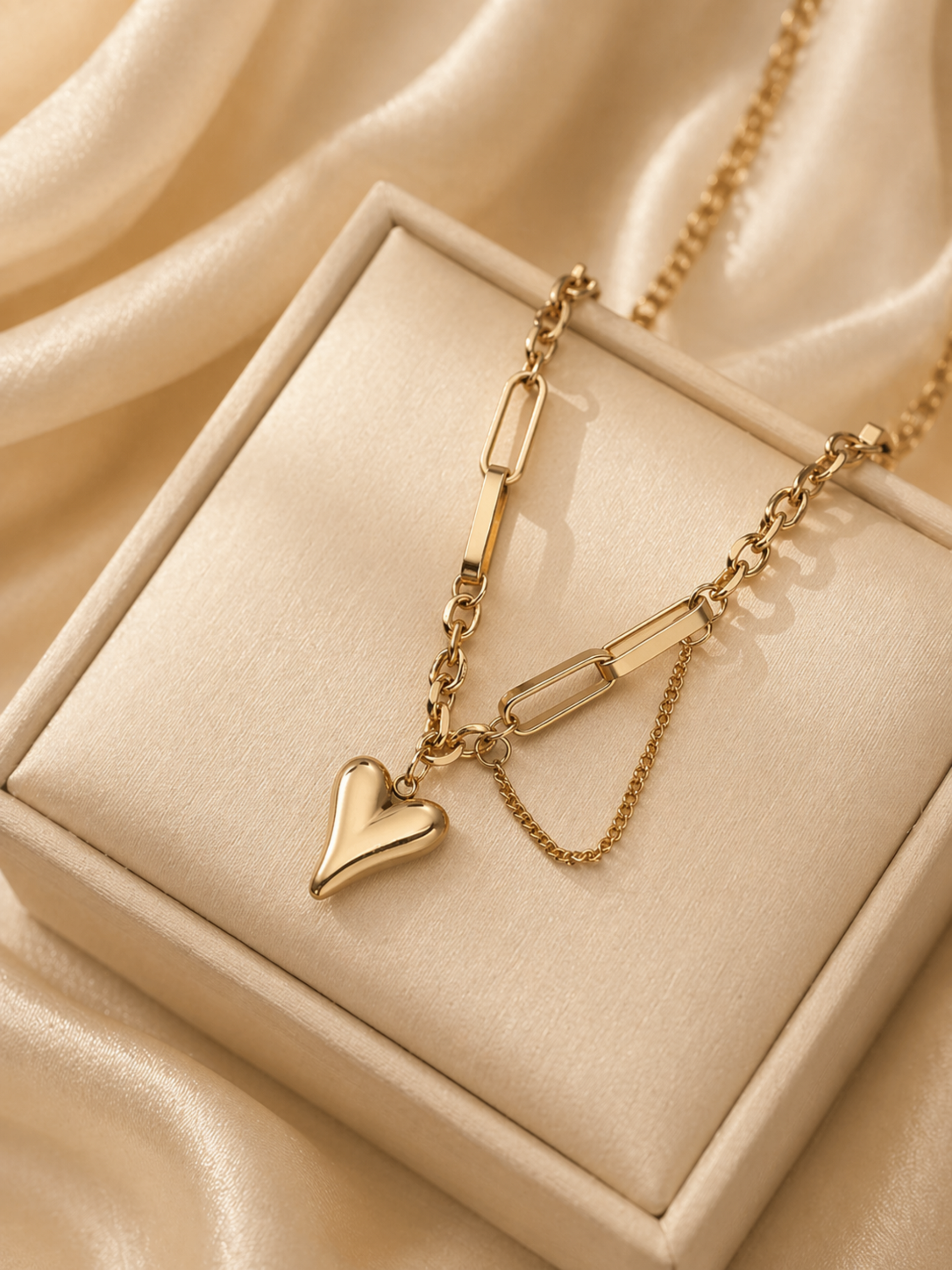 minimal heart charm bracelet on silk background