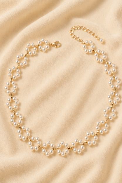 gold pearl choker necklace with floral link design