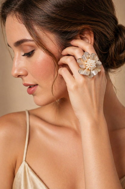 adjustable gold floral pearl cocktail ring
