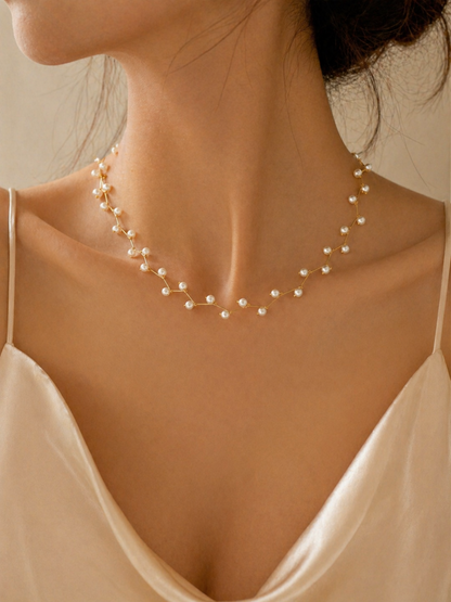 minimalist pearl chain necklace close view
