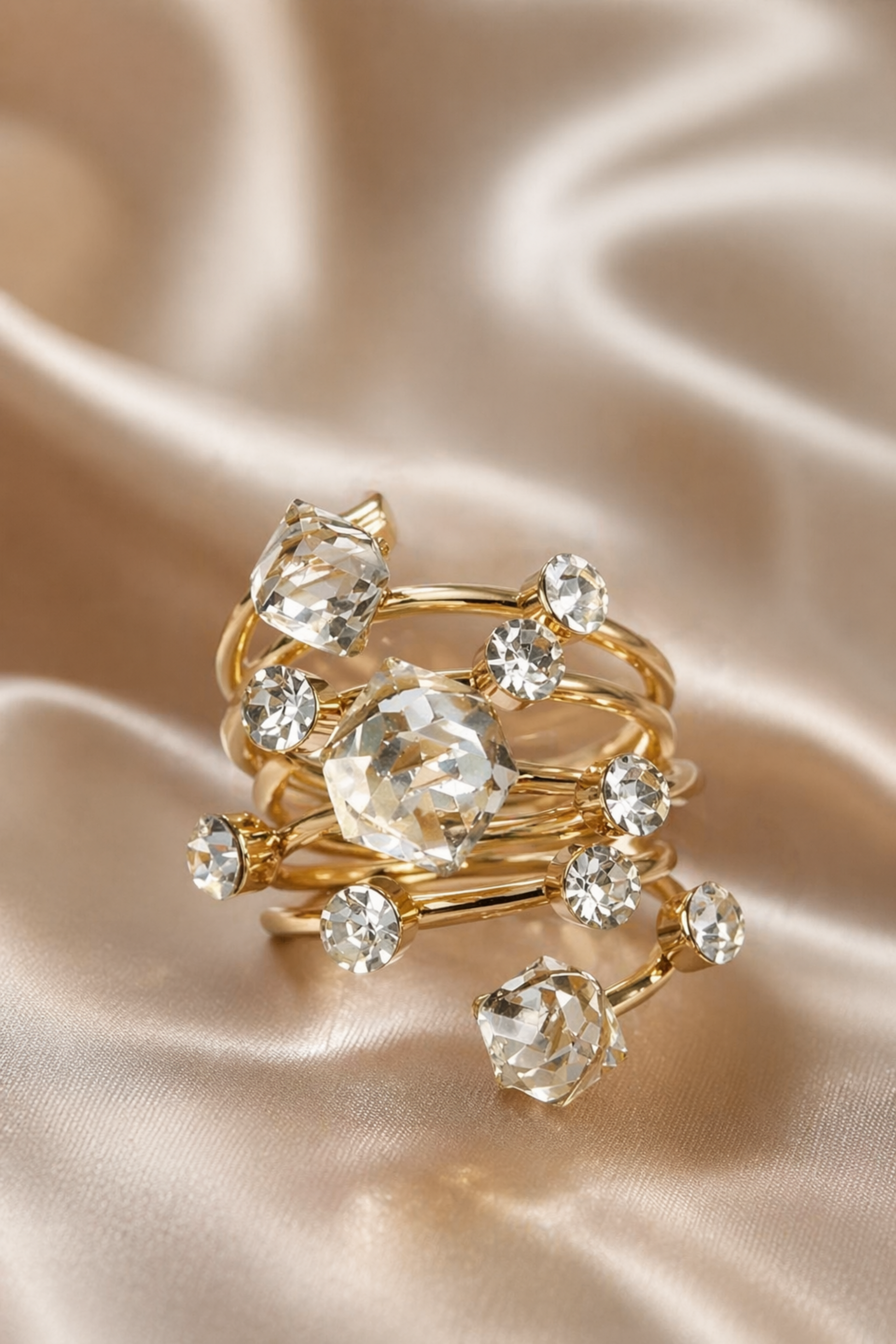 modern gold statement ring on satin background