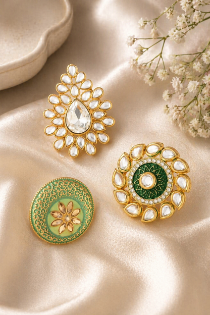 gold plated kundan statement ring floral design