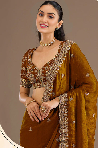 Close view of heavy embroidery on silk saree