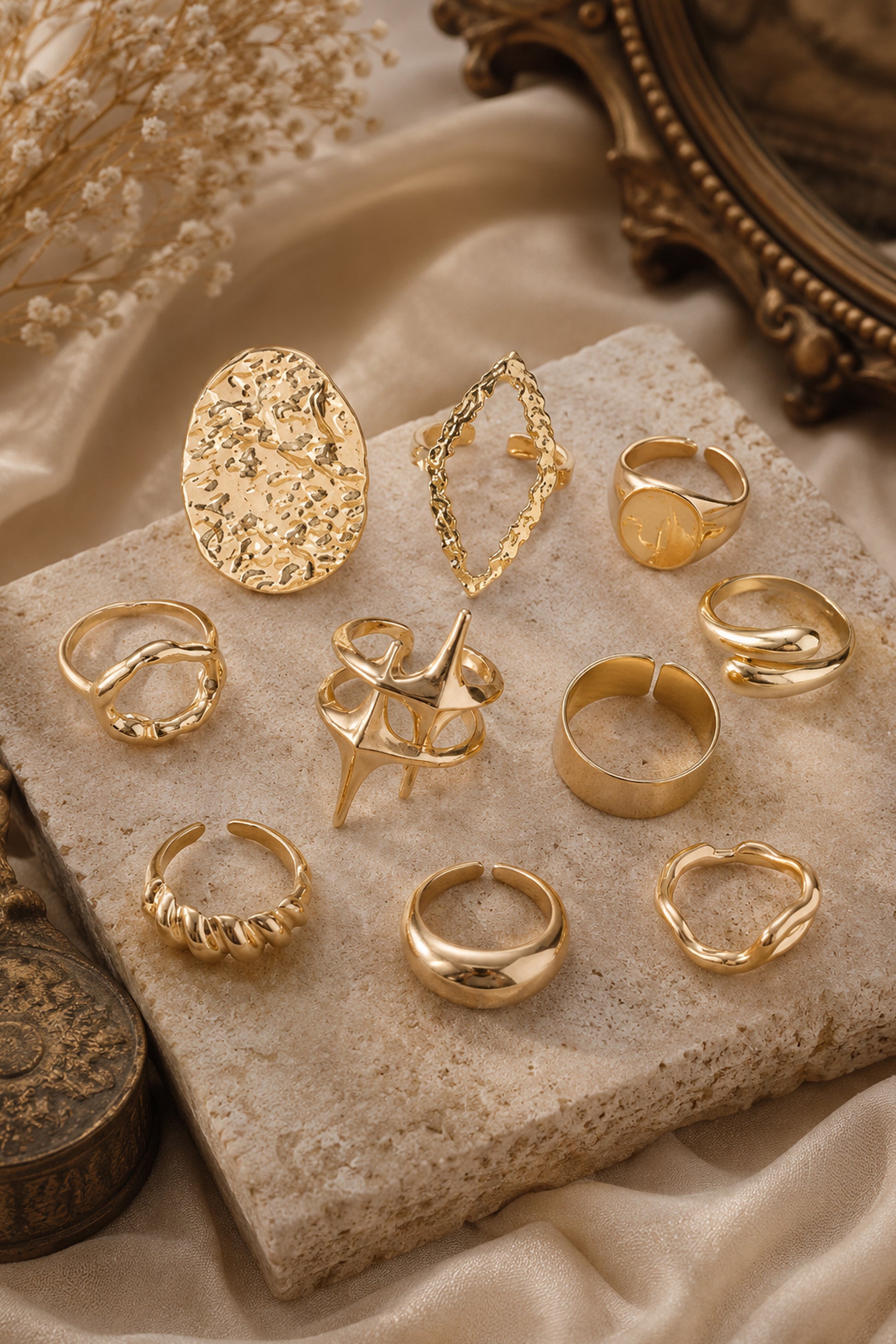 Open-frame and wide-band ring designs photographed from above