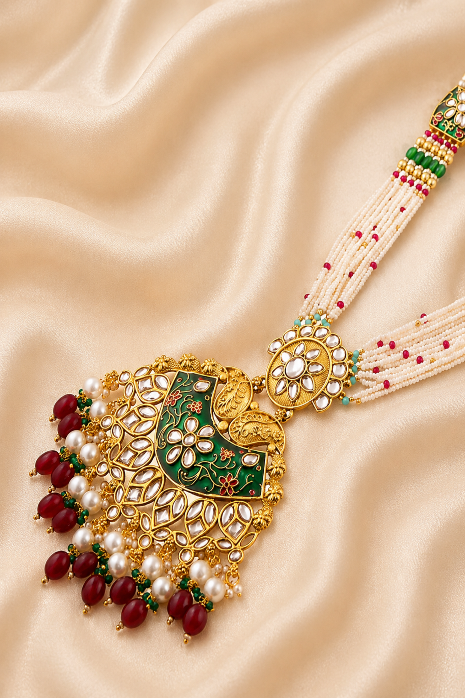 Close view of pendant detailing on beaded necklace set