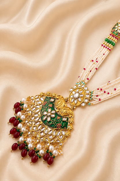 Close view of pendant detailing on beaded necklace set