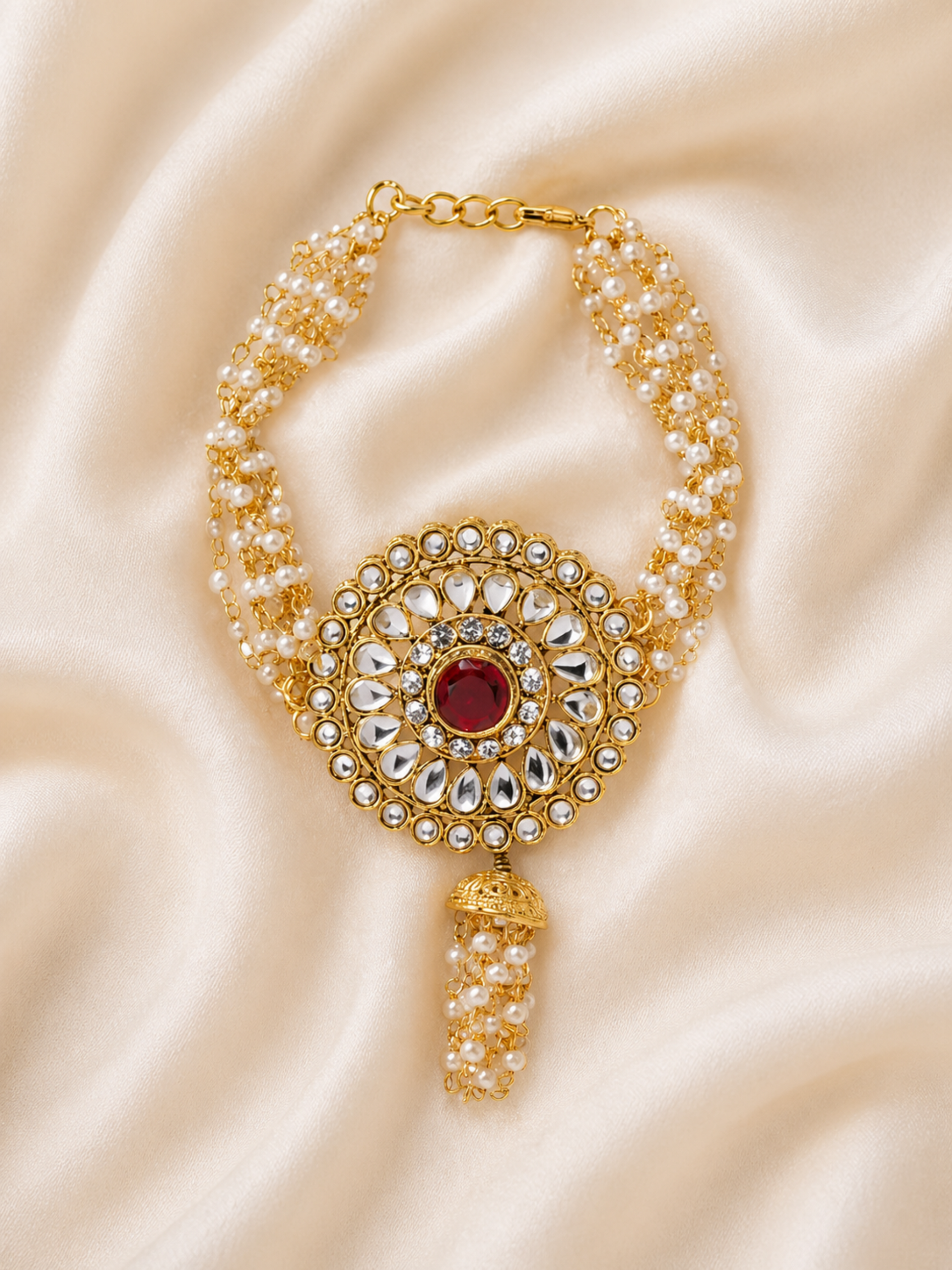 gold tone hand chain bracelet with clear stones