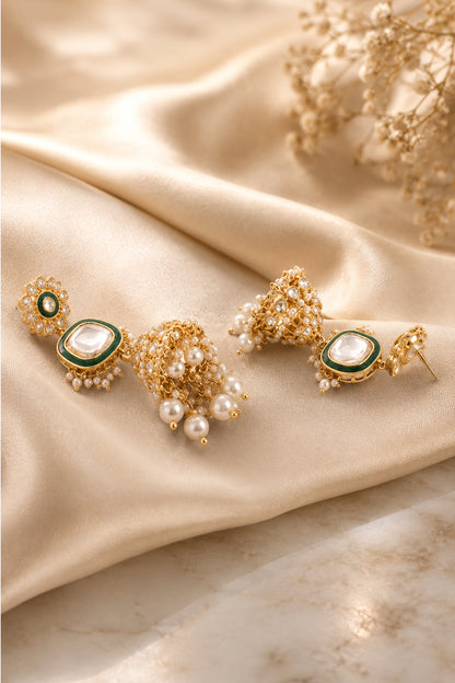 Front view of layered dome earrings with floral tops, dark green borders and clear stone detailing.