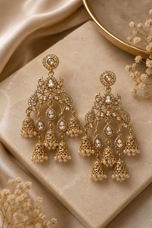 Gold Tone Jhumka Earrings with layered chandelier design