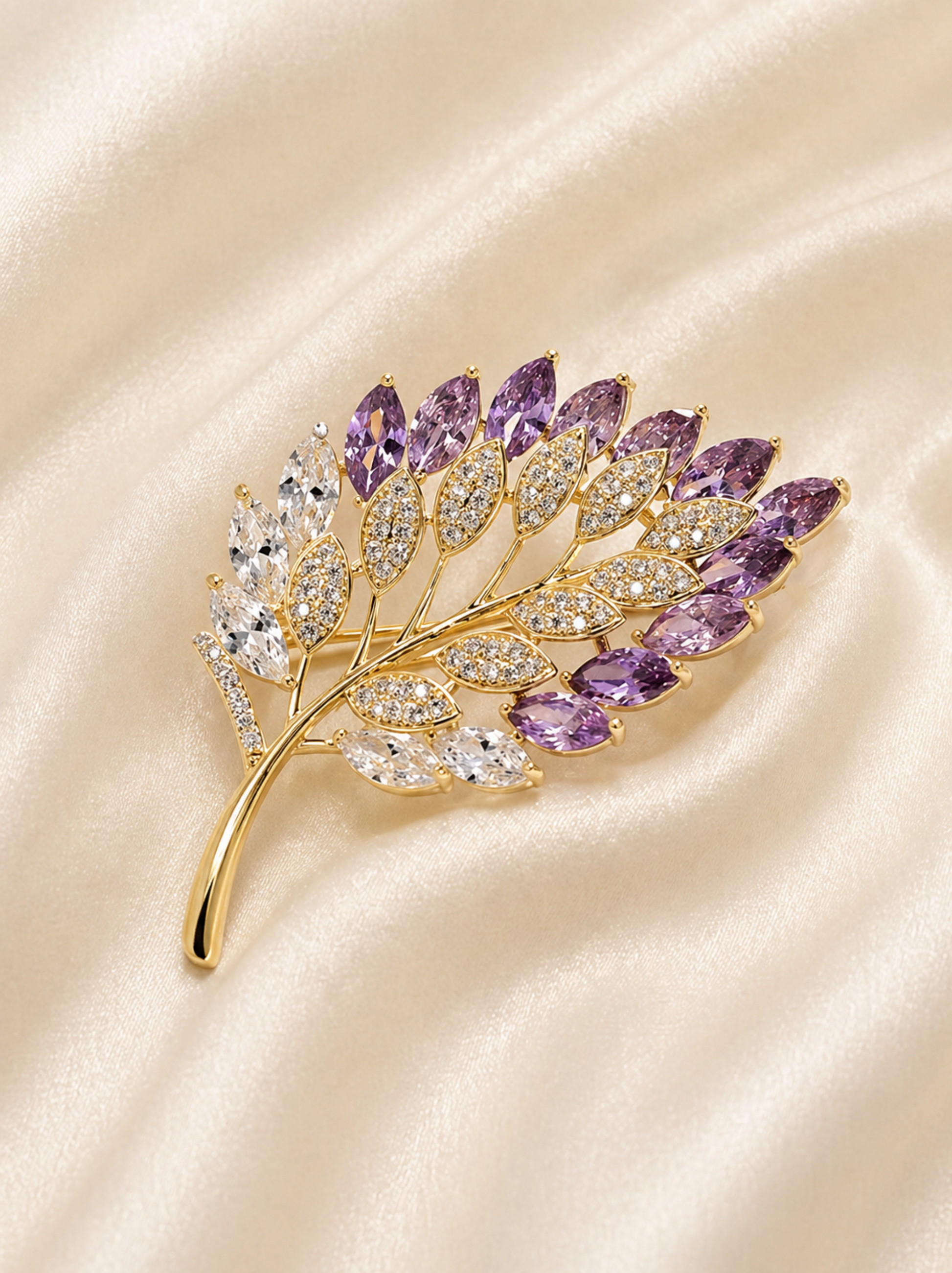botanical brooch pin on neutral fabric background