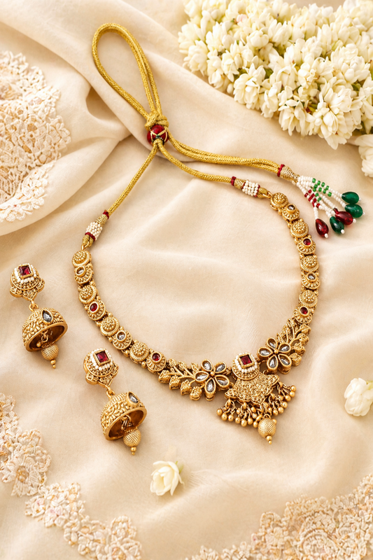 Gold-tone necklace set with floral pendant and matching earrings