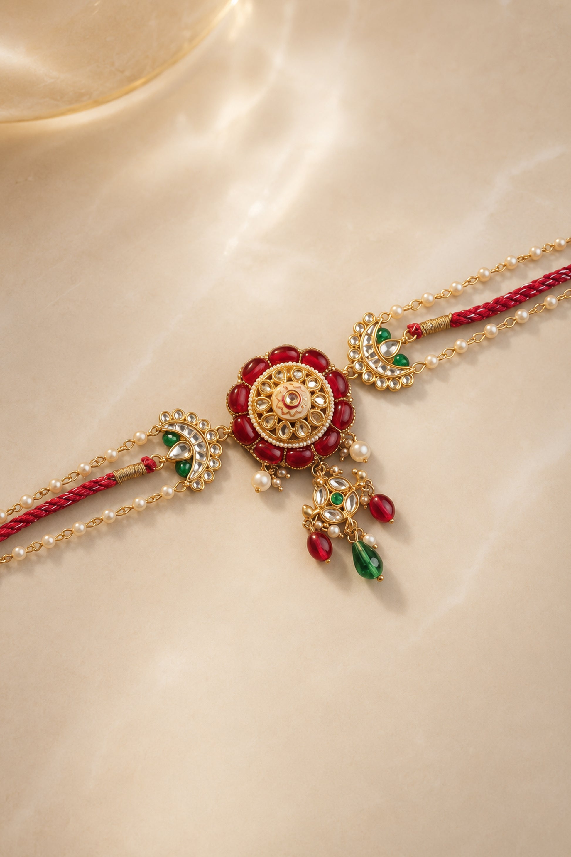 Front view of a red statement necklace with layered detailing
