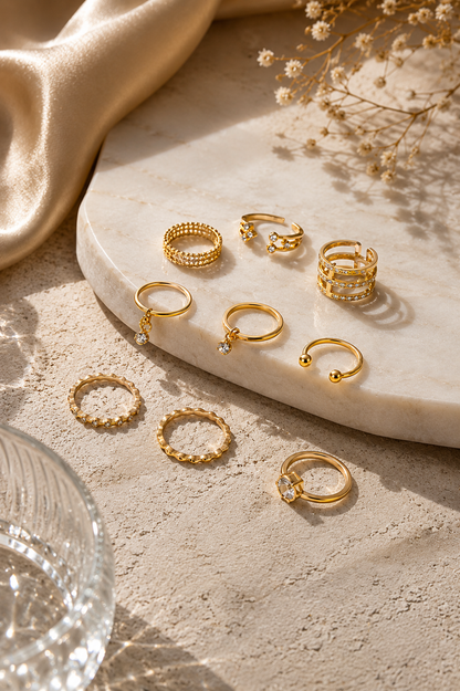 Assorted polished rings with clear stone details