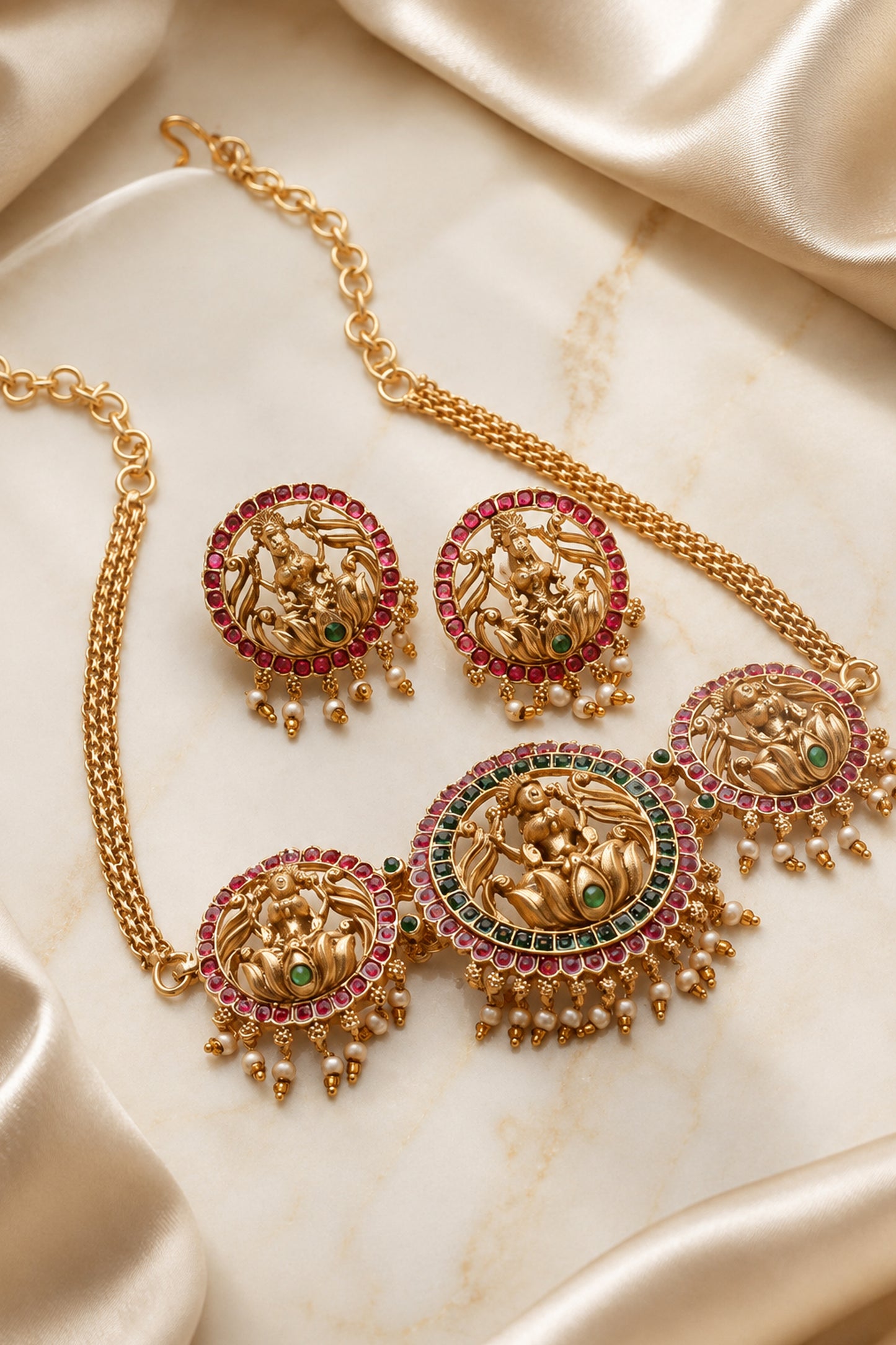 Gold-tone necklace and matching earrings with detailed deity-inspired circular motifs