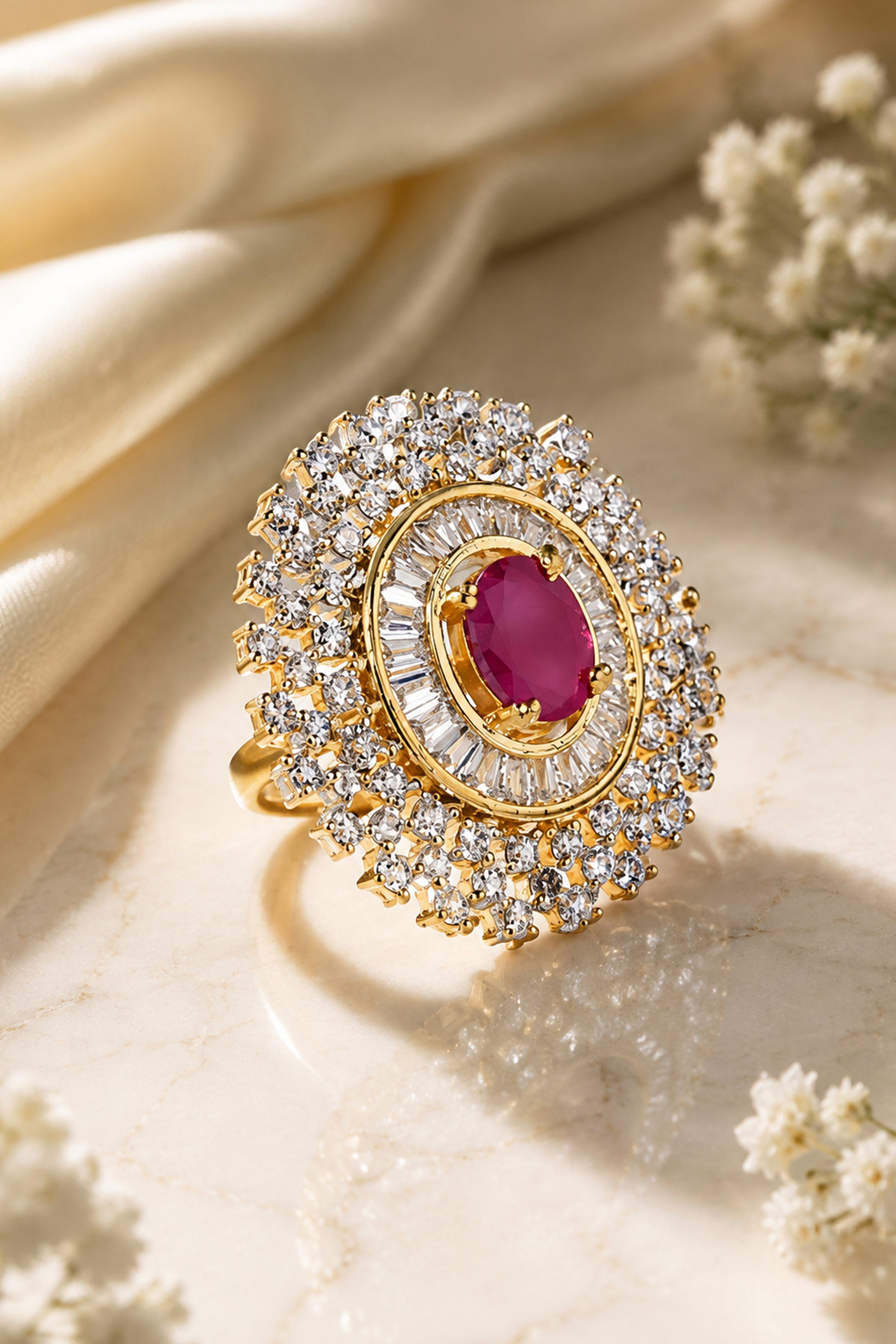 Close view of women’s fashion ring with dimensional halo structure