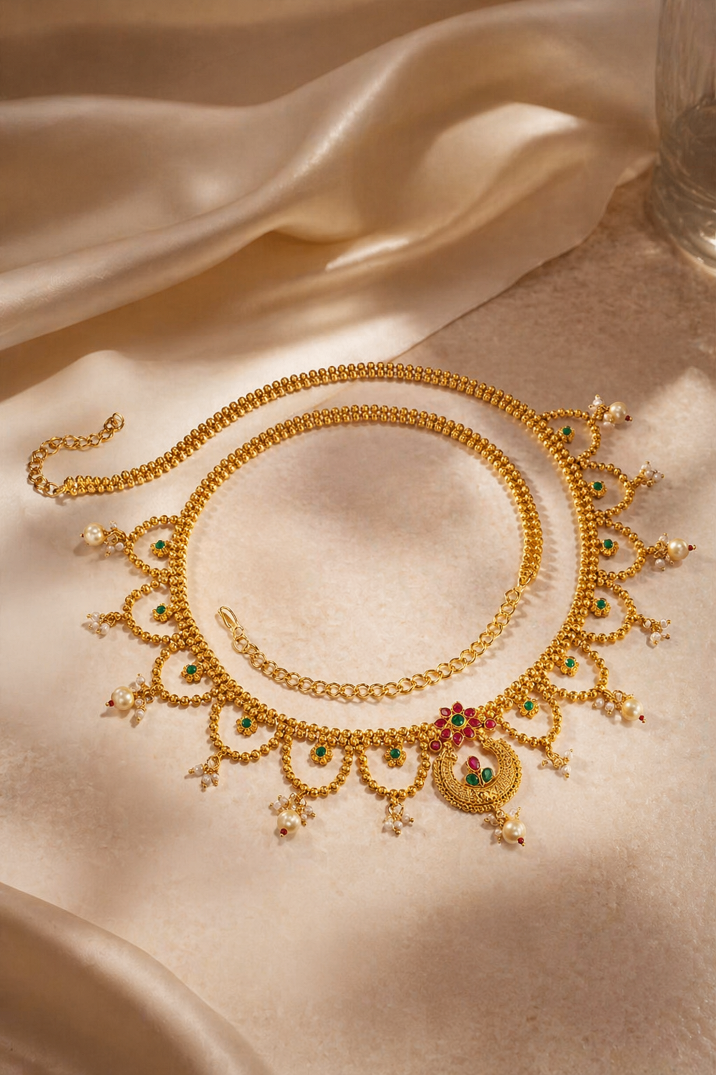 gold tone waist chain with red and green stone centerpiece
