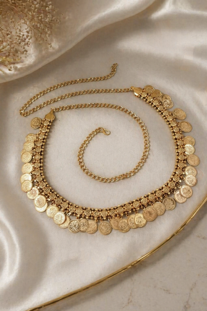 adjustable gold waist chain with dangling coin accents