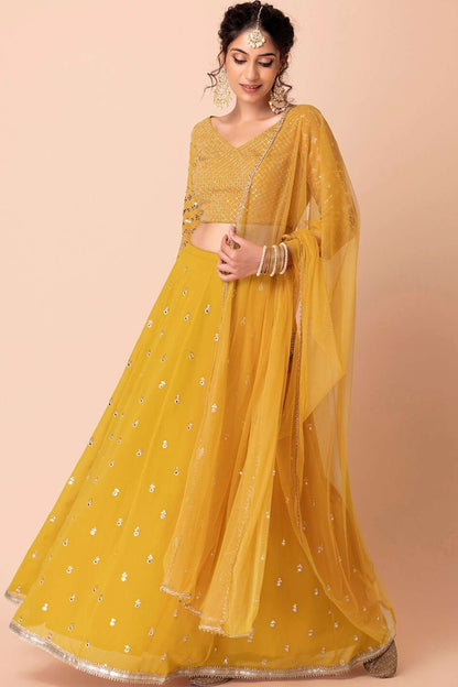 yellow lehenga choli with sequins zari embroidery work