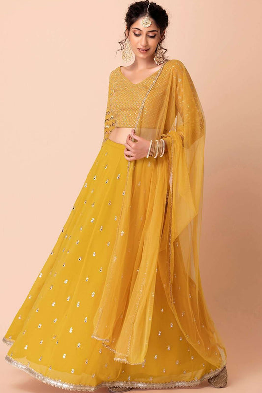 yellow lehenga choli with sequins zari embroidery work