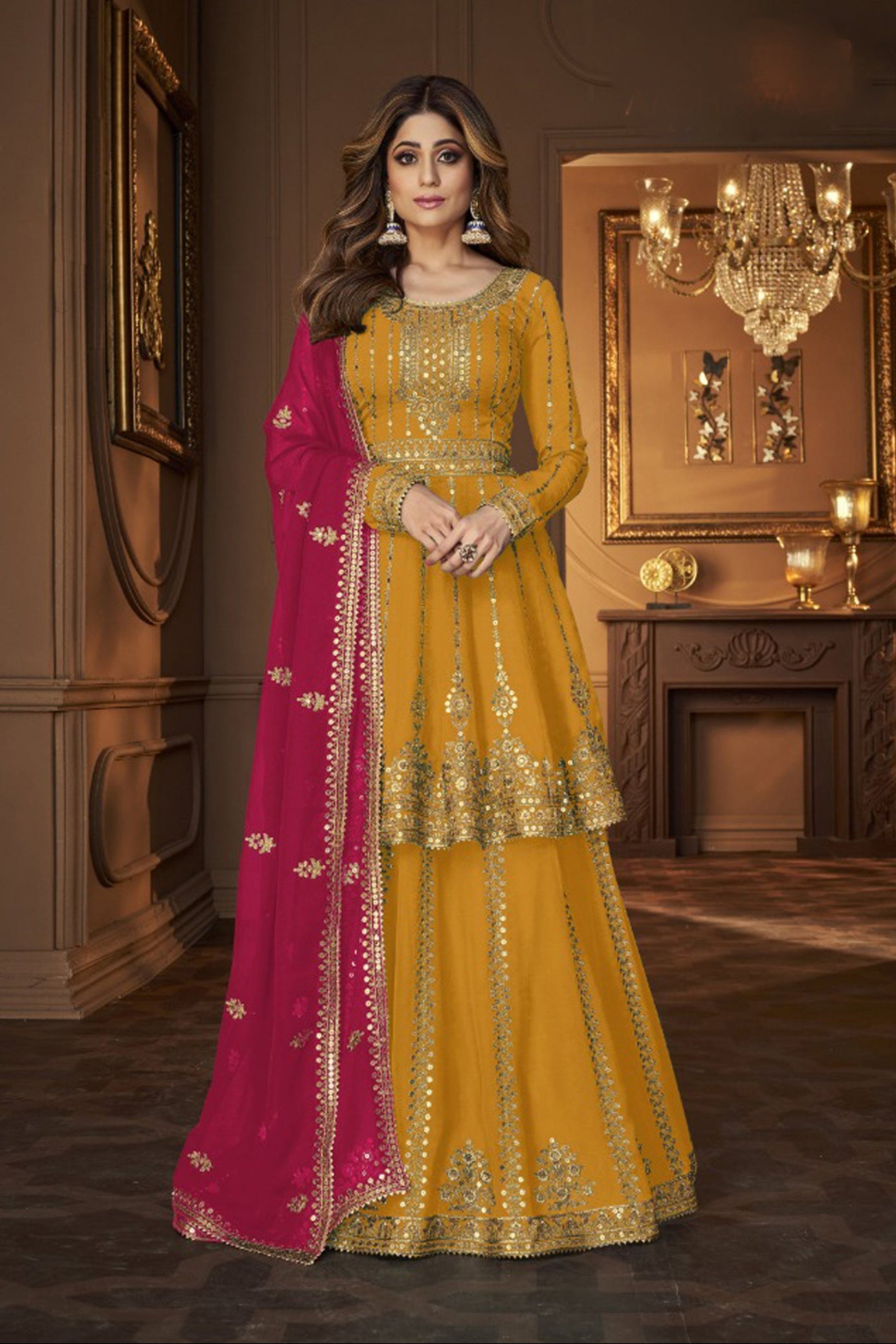 Golden chaniya choli full view with embroidered sequence work