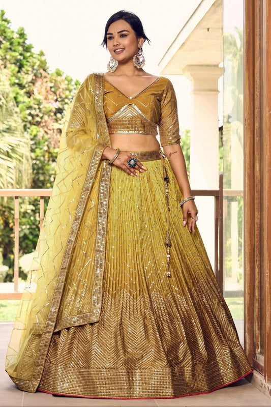 Golden reception lehenga full front view with net dupatta