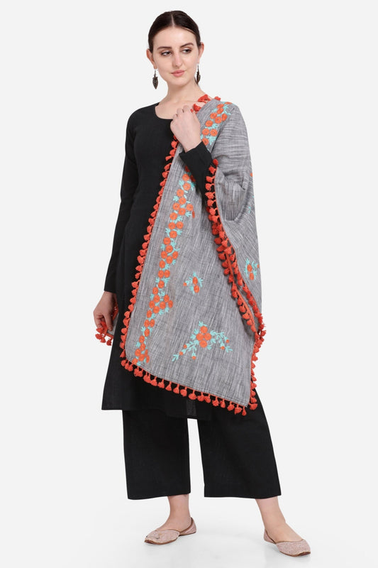 Gray dupatta with subtle embroidery work in khadi cotton