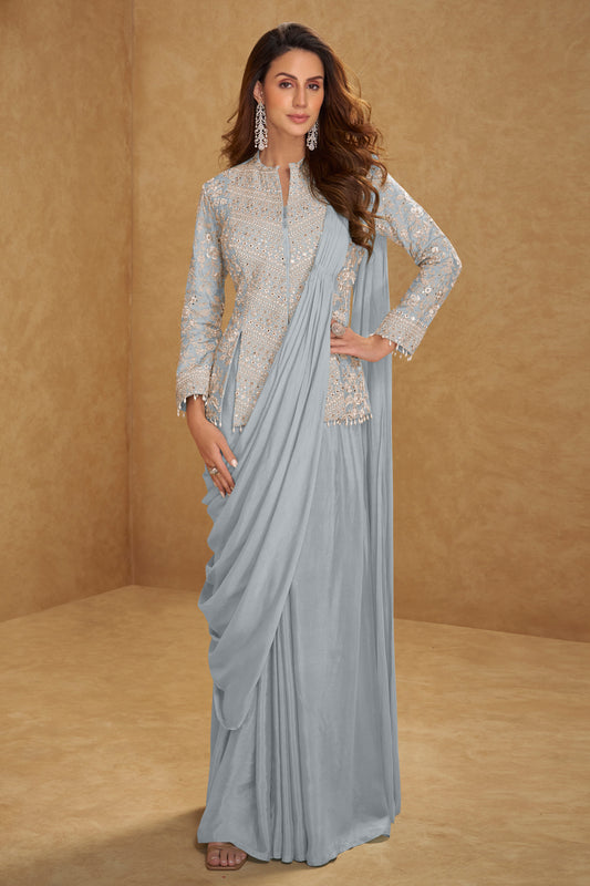 Front view of gray ready-to-wear saree for wedding