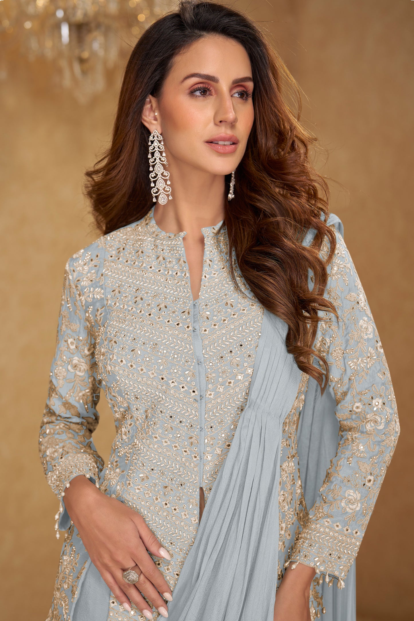 Side drape of gray ready-to-wear saree
