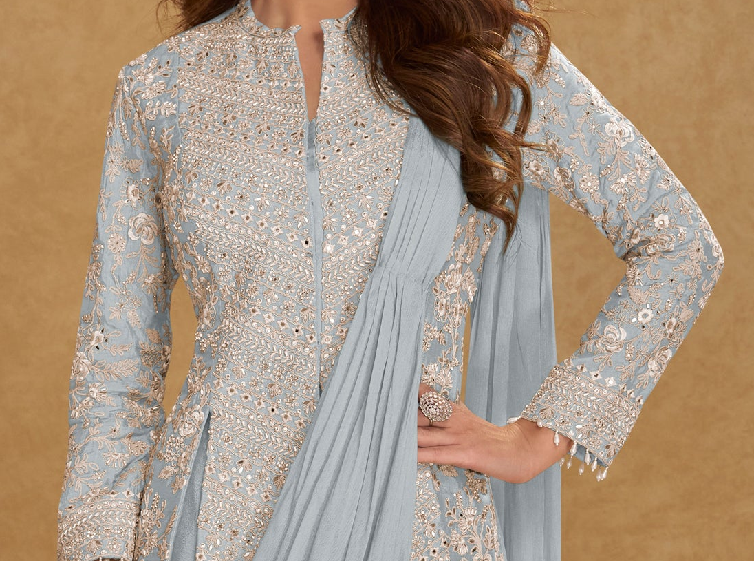 Full-length view of gray wedding saree with readymade blouse