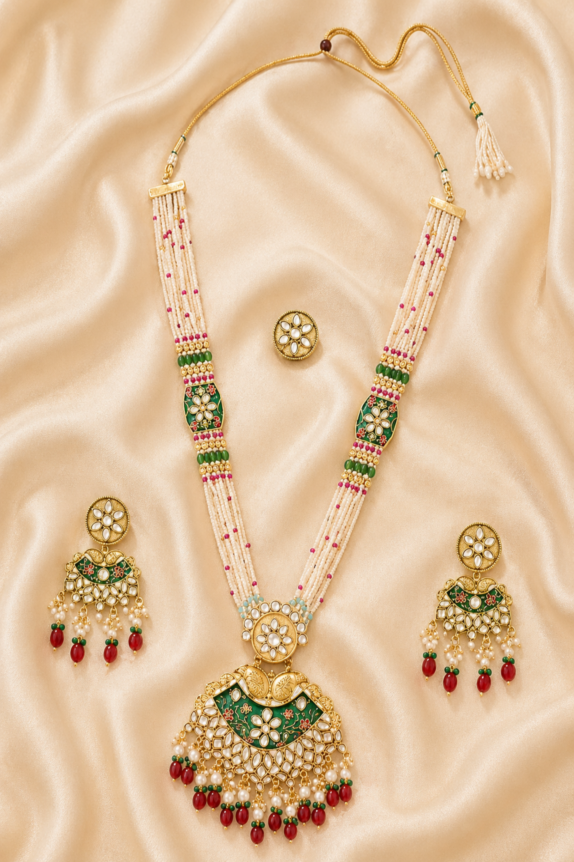 Green and ivory beaded necklace set with pendant and earrings