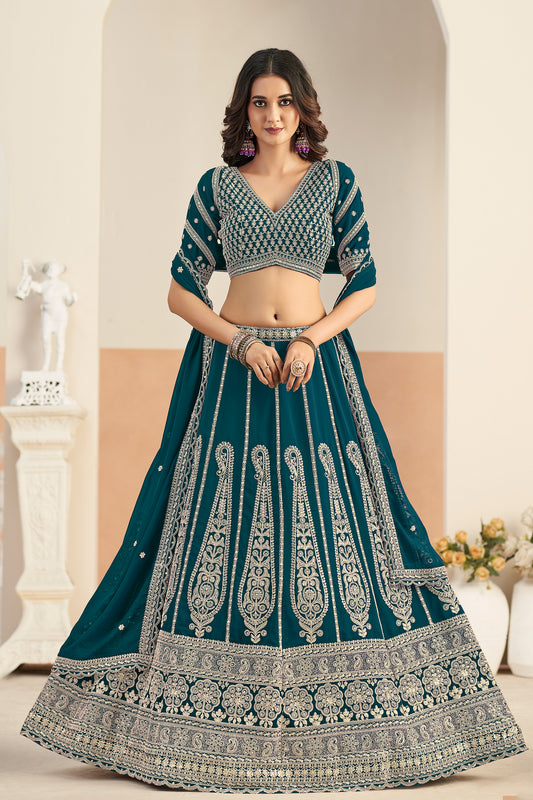 Green lehenga front view with detailed embroidery
