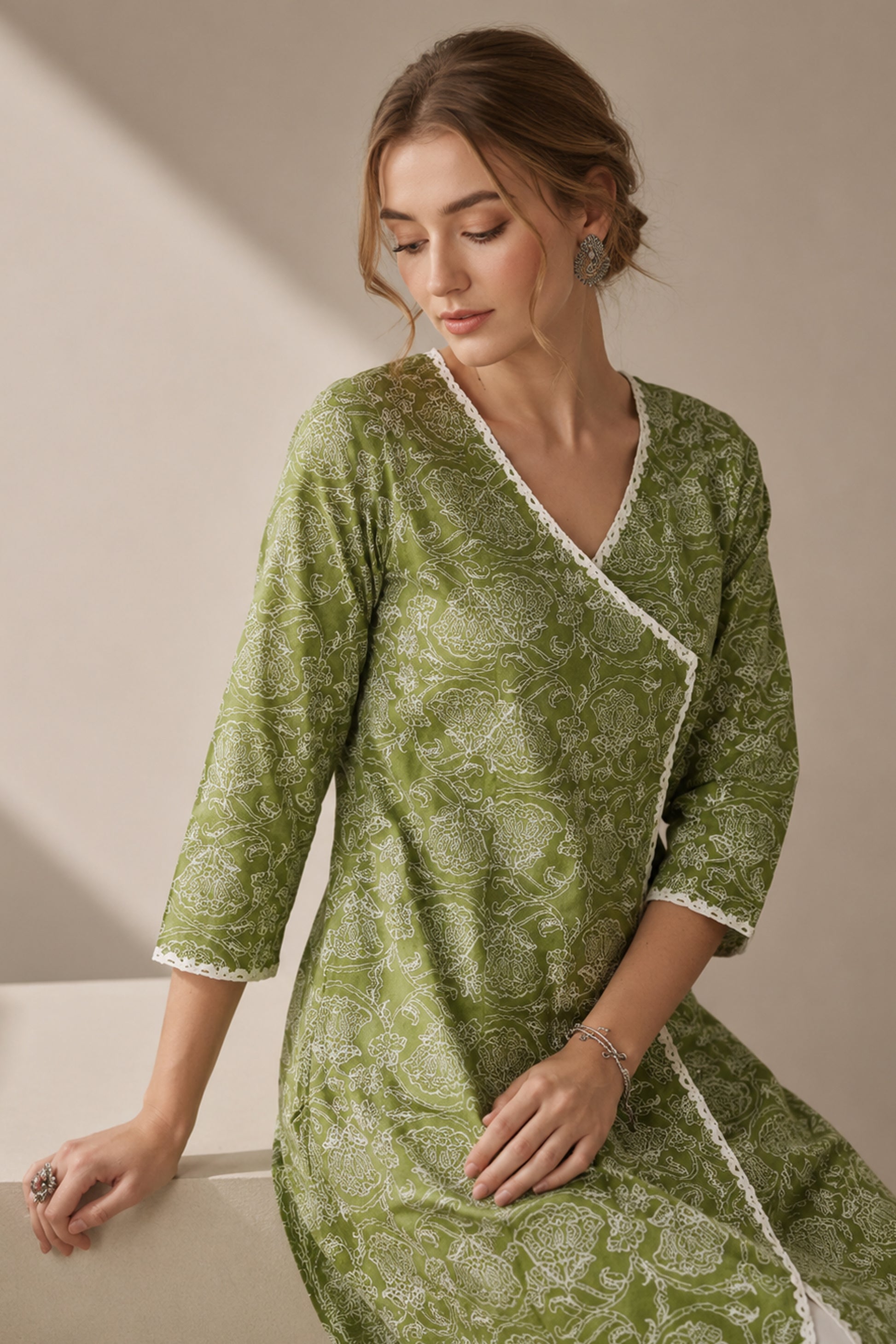 Front angle of cotton kurti with flowing flare silhouette