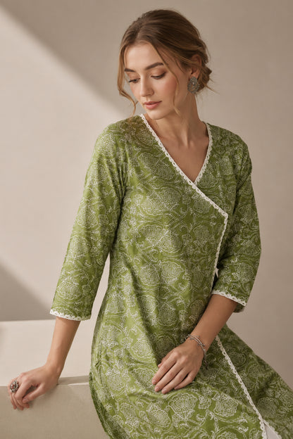 Front angle of cotton kurti with flowing flare silhouette