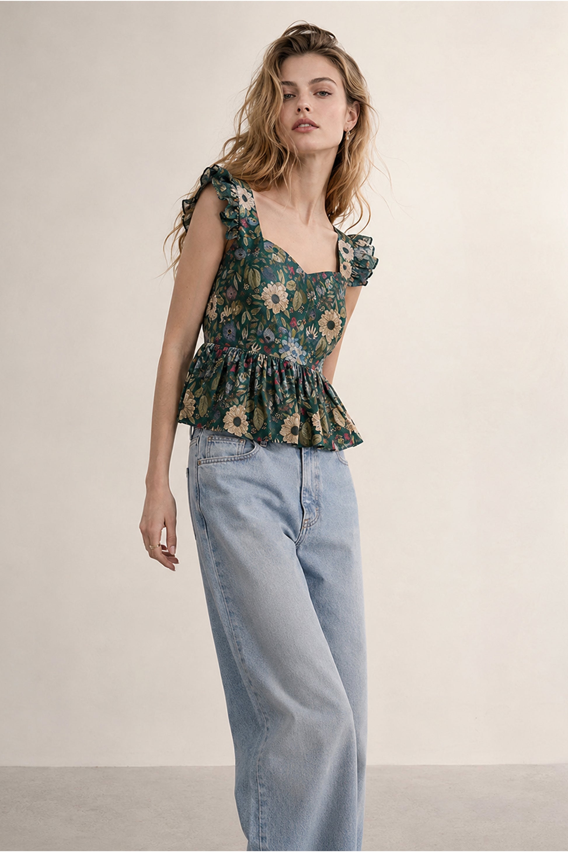 Floral Peplum Top Green casual cotton printed styling front view