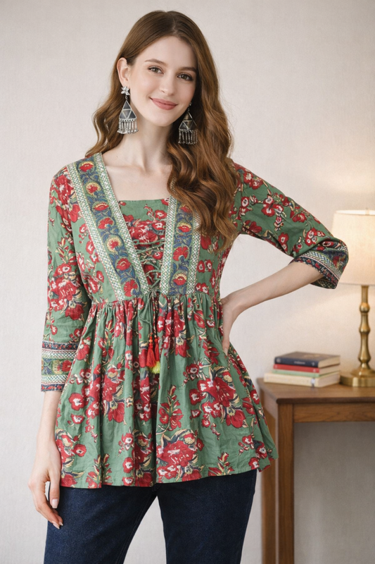 Green A-line print top front view with ethnic motifs