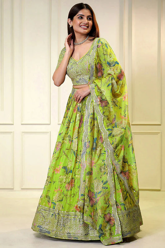 Green ghagra choli full front view with floral sequin work