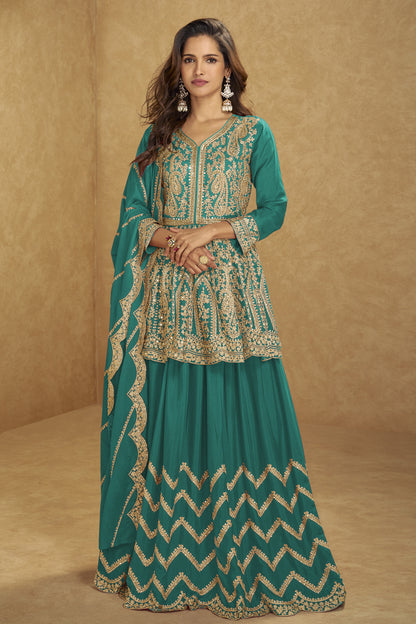 Green Indian Plazzo Suit front view with embroidered top and dupatta