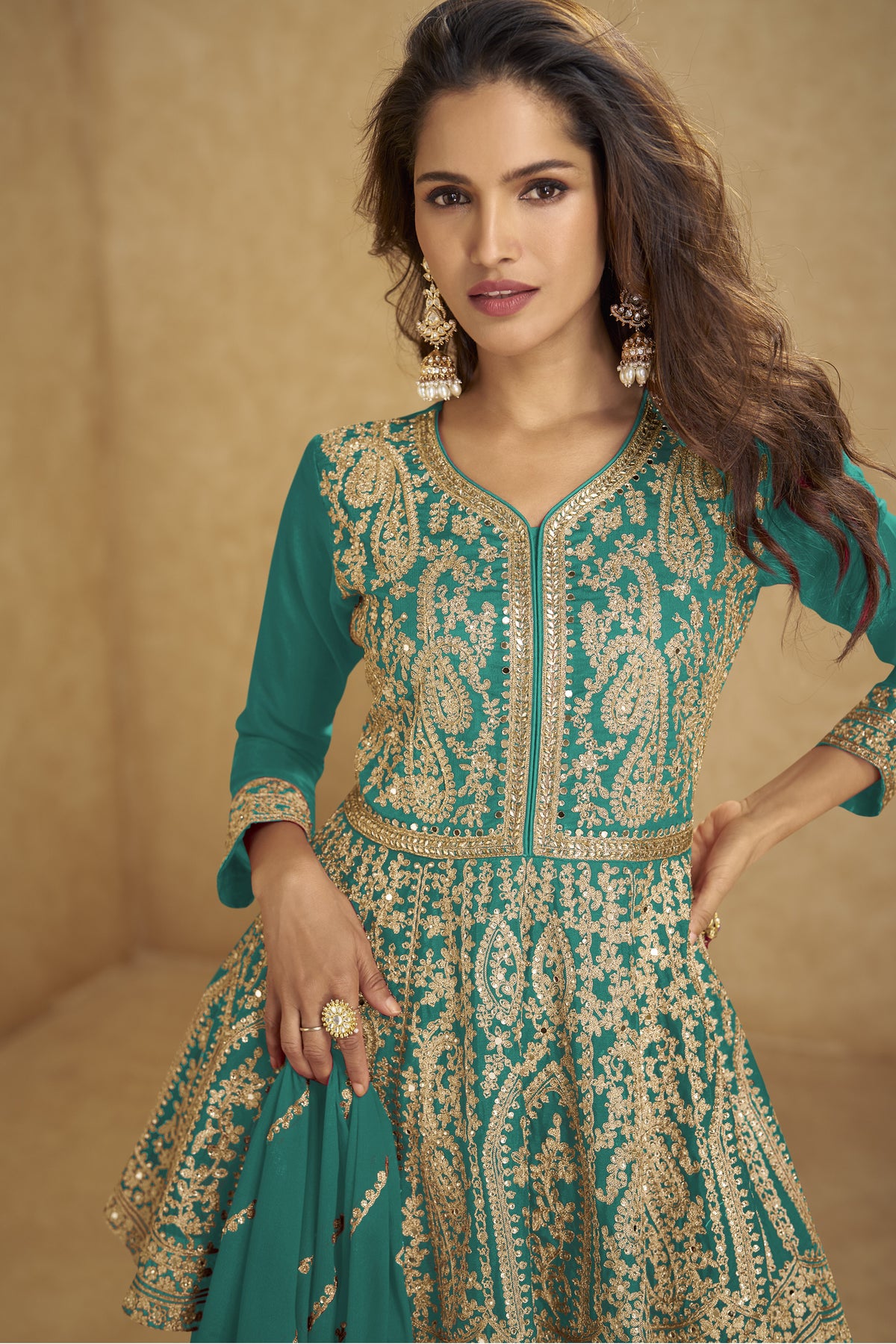 Green Indian Plazzo Suit full outfit with matching plazzo bottom