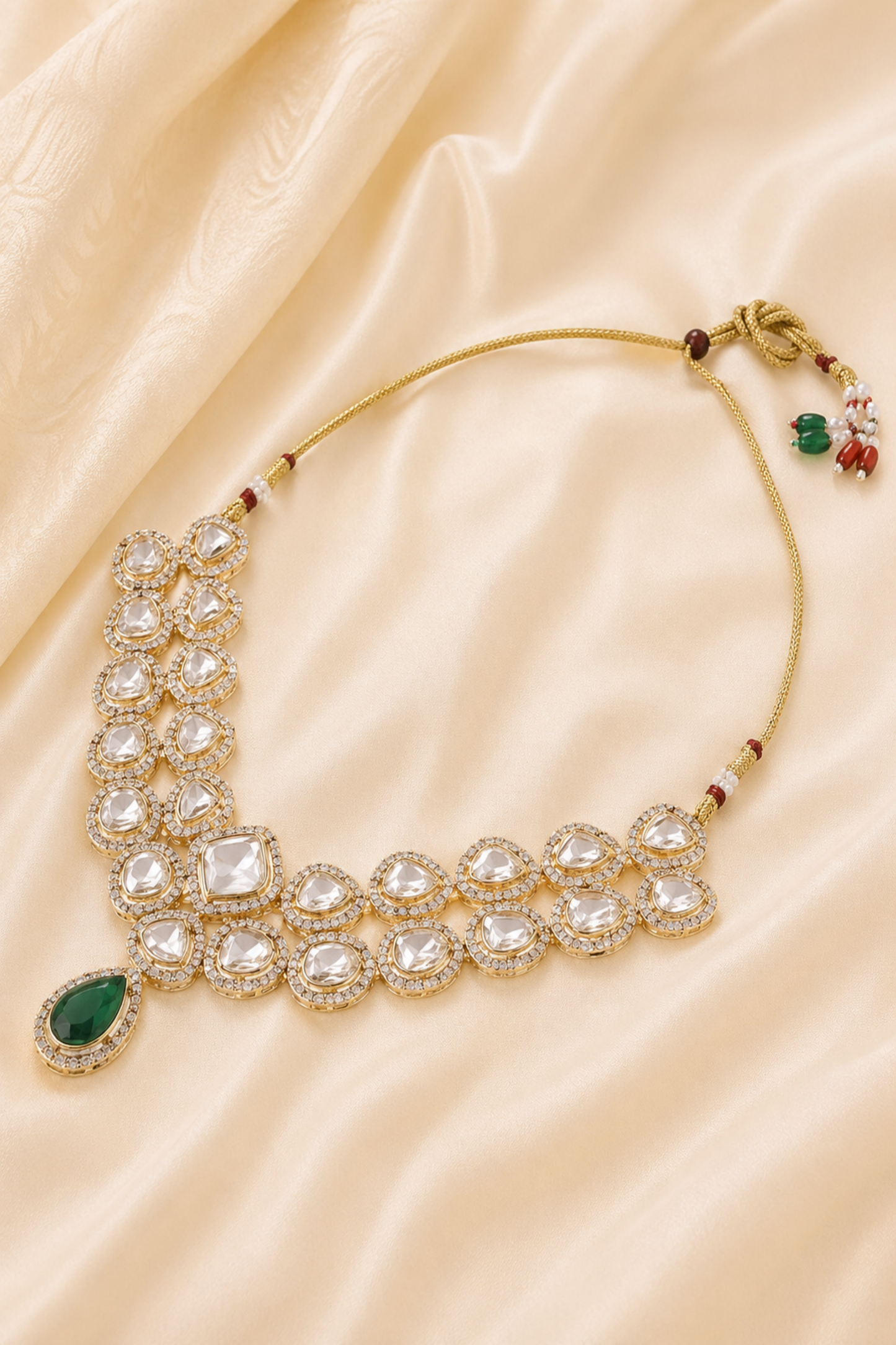 Editorial portrait featuring layered kundan necklace and earrings