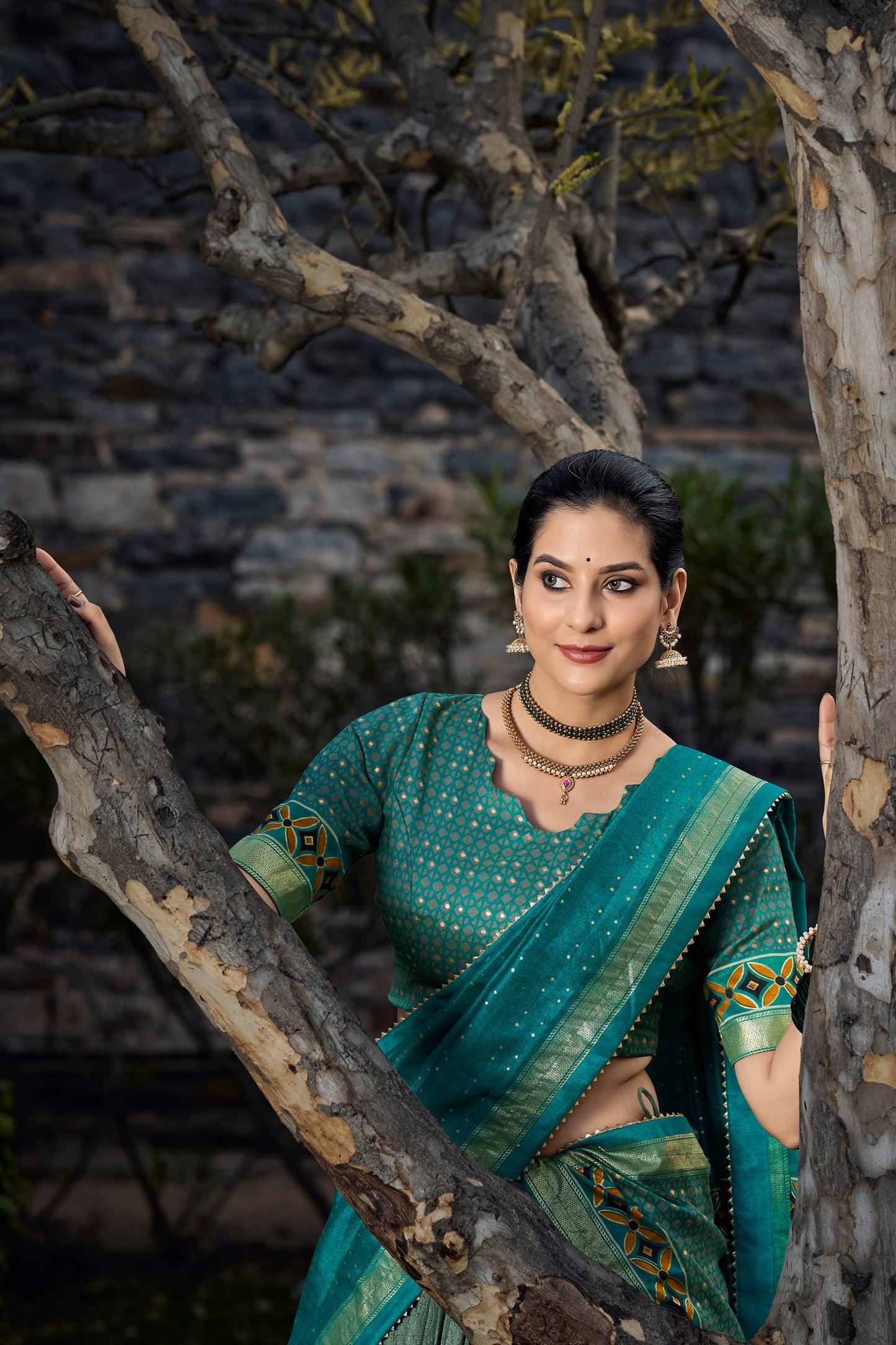 Dark green lehenga styled for Navratri occasion